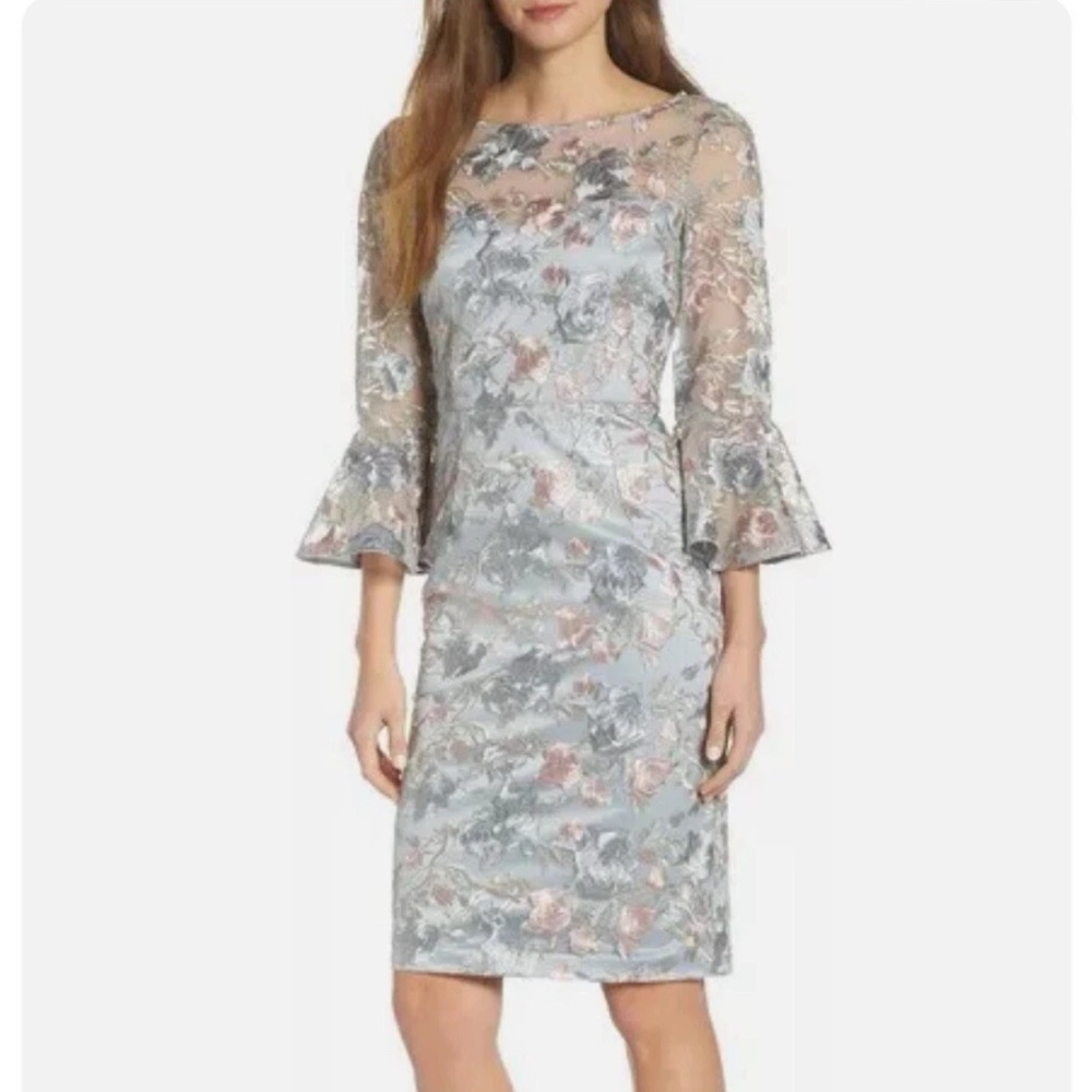 Eliza J Gray Floral Embroidered Bell Sleeve Melania Dress $188 SZ 12